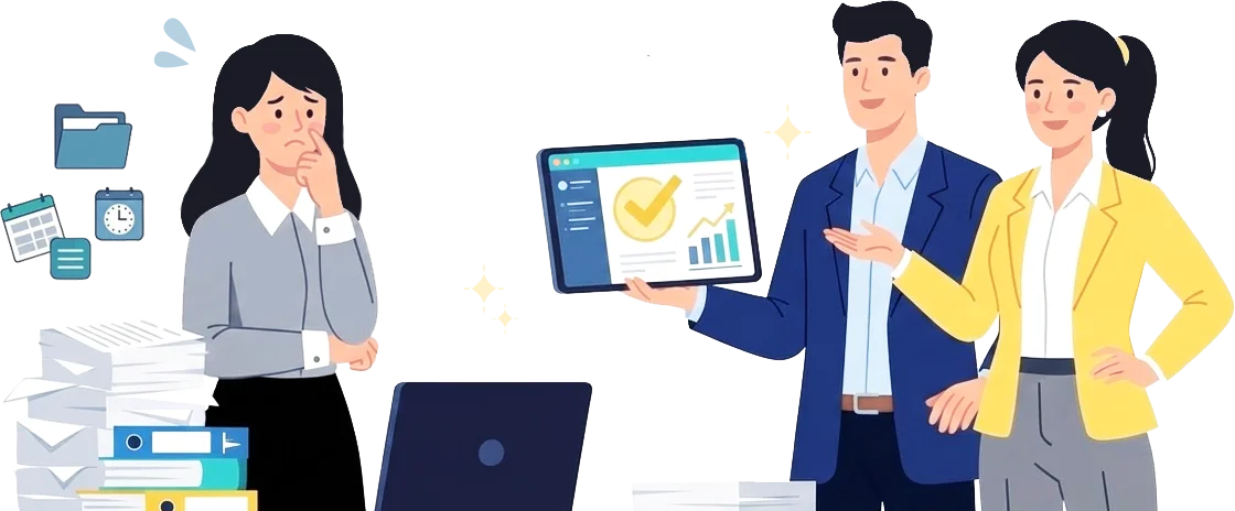 労務担当者と労務のプロが業務改善を相談しているイラスト