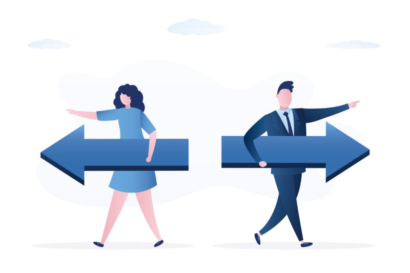 Businessman and businesswoman holding arrows and walking in opposite positions. Individual way, different business directions or team conflict, opposite decision,
