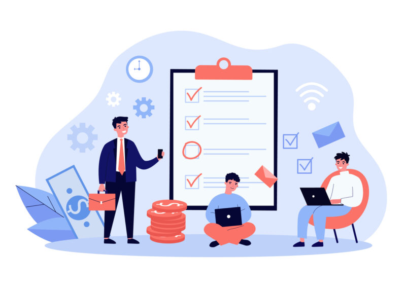 Businessman with his team working on project. Check-list, planning, startup. Flat vector illustration. Project management concept can be used for presentation, banner, website design, landing web page