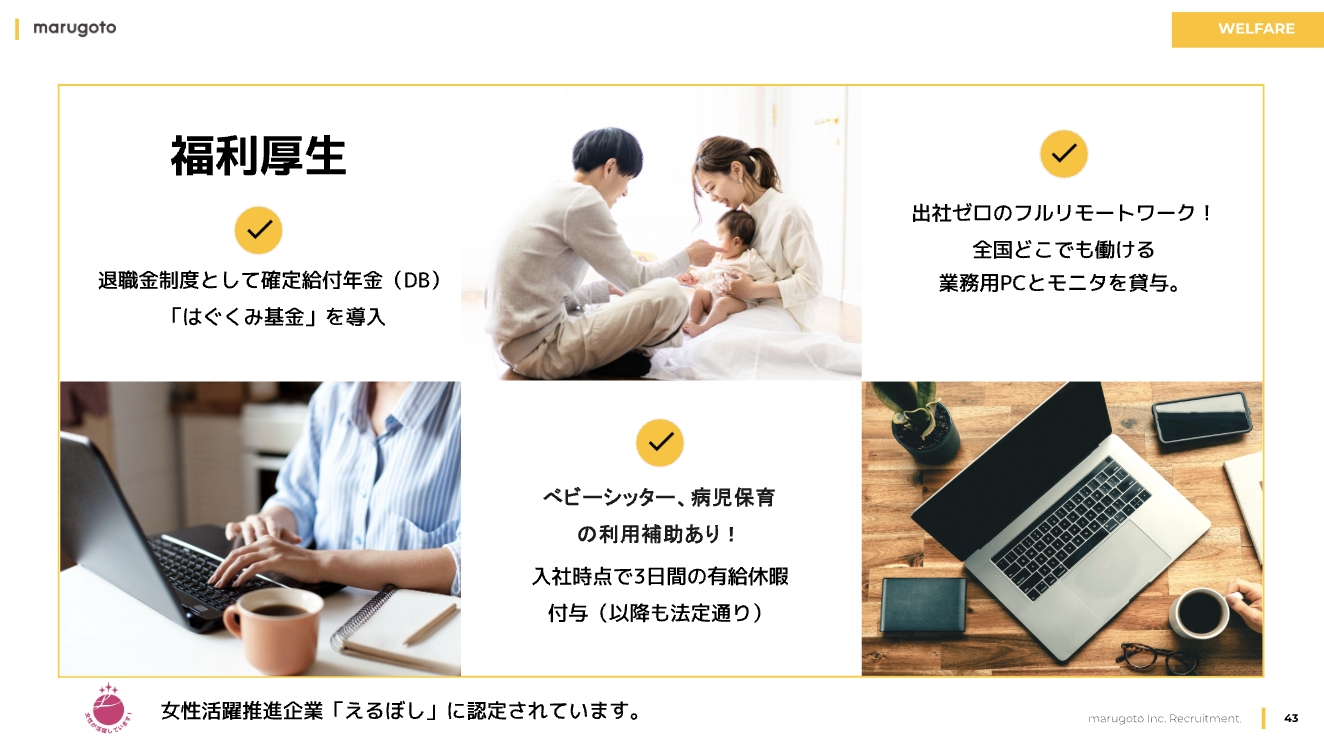 採用ピッチ資料の福利厚生ページの例
