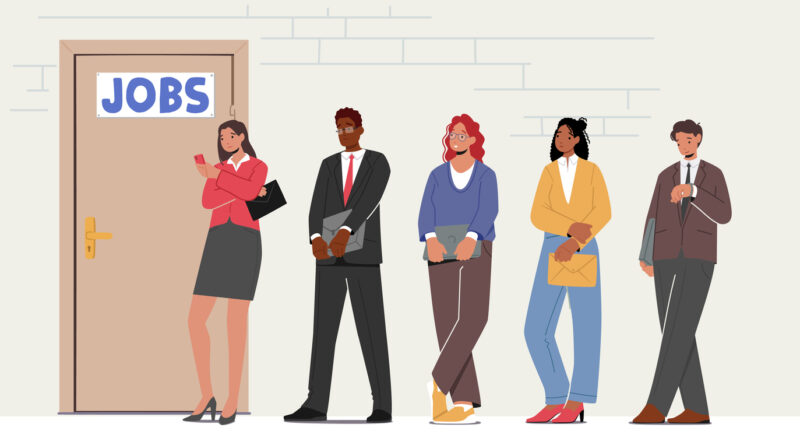 Confident Serious Young Man and Woman with Cv Stand in Line front of Office Door Waiting Job Interview or Meeting with Potential Business Partners. Applicants in Queue. Cartoon Vector Illustration