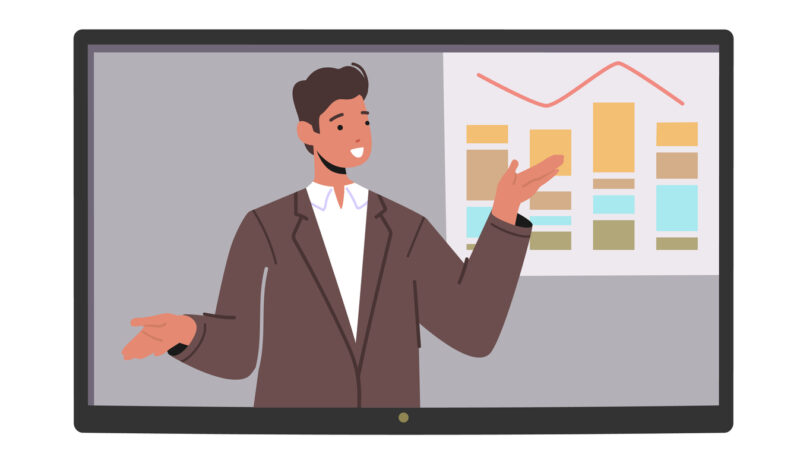 Online Virtual Business Conference, Meeting or Seminar with Trainer Giving Financial Information Stand at Whiteboard with Data Statistics Charts and Graphs on Monitor. Cartoon Vector Illustration