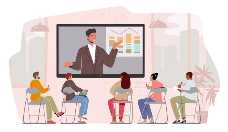 Business Characters Listen Speaker at Virtual Conference. Tutor Perform Data on Monitor in Office. Remote Online Meeting, Workers Watching Video Translation. Cartoon People Vector Illustration