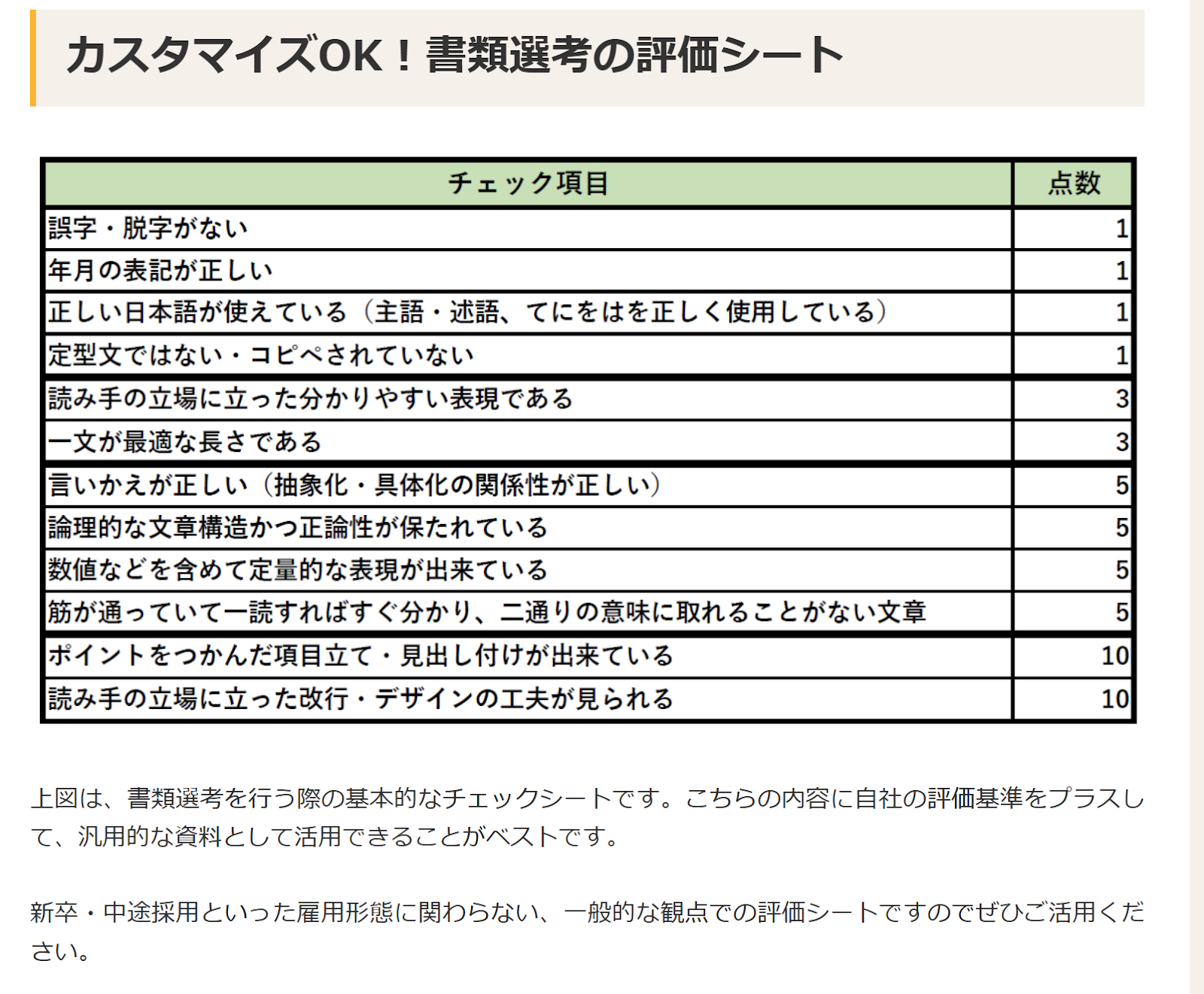 書類選考の評価シート